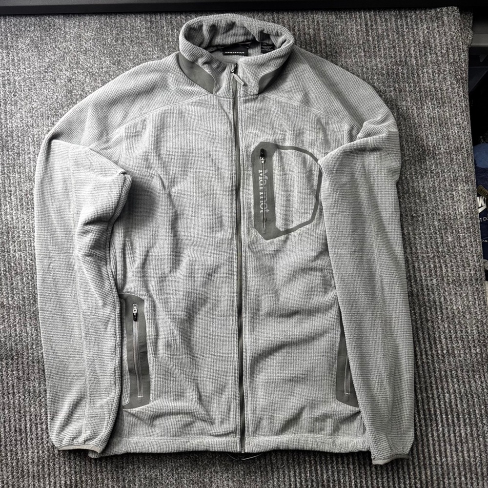 Marmot Mens XL Full Zip Waffle Grid Fleece Jacket Grey Outdoor Layer